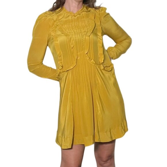 Isabel Marant Salvia Ruffle Mini Silk Dress Long Sleeve Party Yellow US 10 - Picture 3 of 16